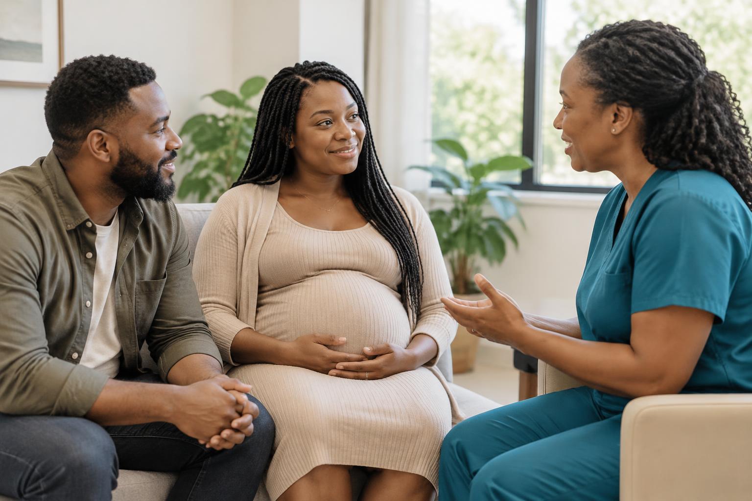 Illustrative image of a pregnant Black woman and her support person having a calm conversation with a clinician.