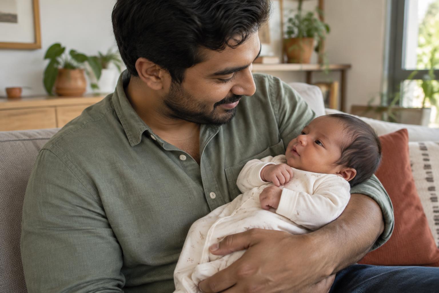 An awake parent gently cradles a newborn with their head supported.